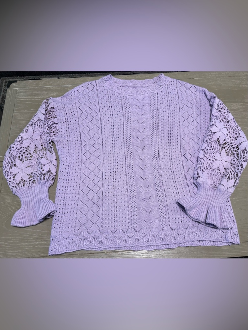 Crocheted Coastal Cottagecore Y2K Lavender Sweater with Flower Arm Detail XL